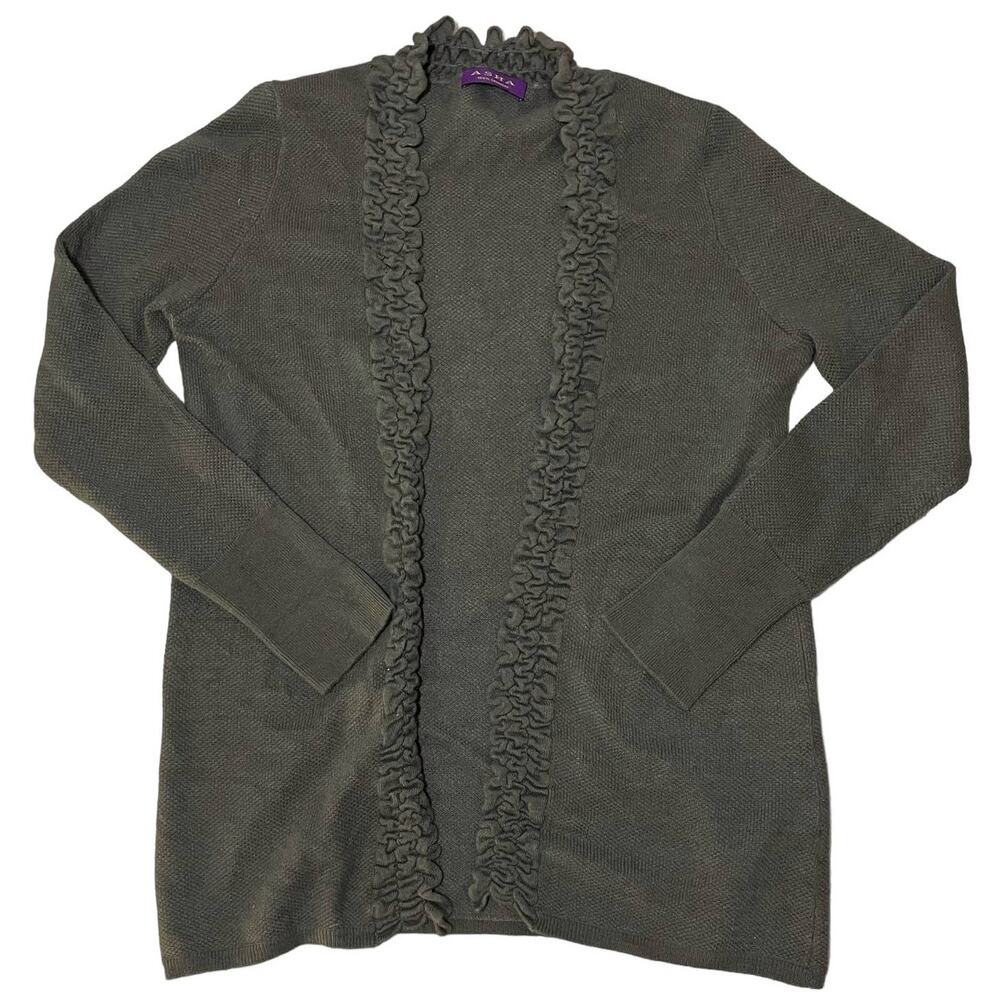 Asha Cardigan Open Front 100% Cashmere Knit Gray Ruffles Lagenlook Twee Medium
